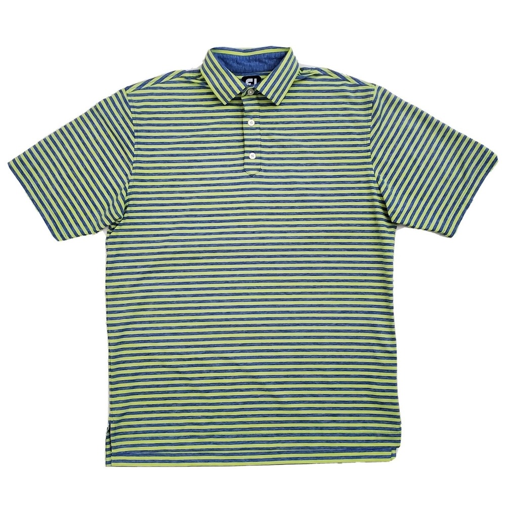 FootJoy Mens Medium Blue Lime Striped Polo Shirt Golf Performance Athletic Sport